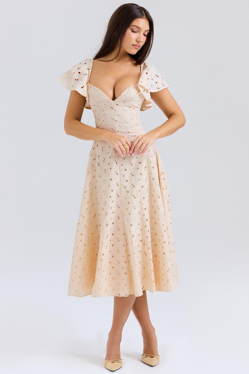 Amaya Cream Tea Broderie Anglais Midi Dress Product Image