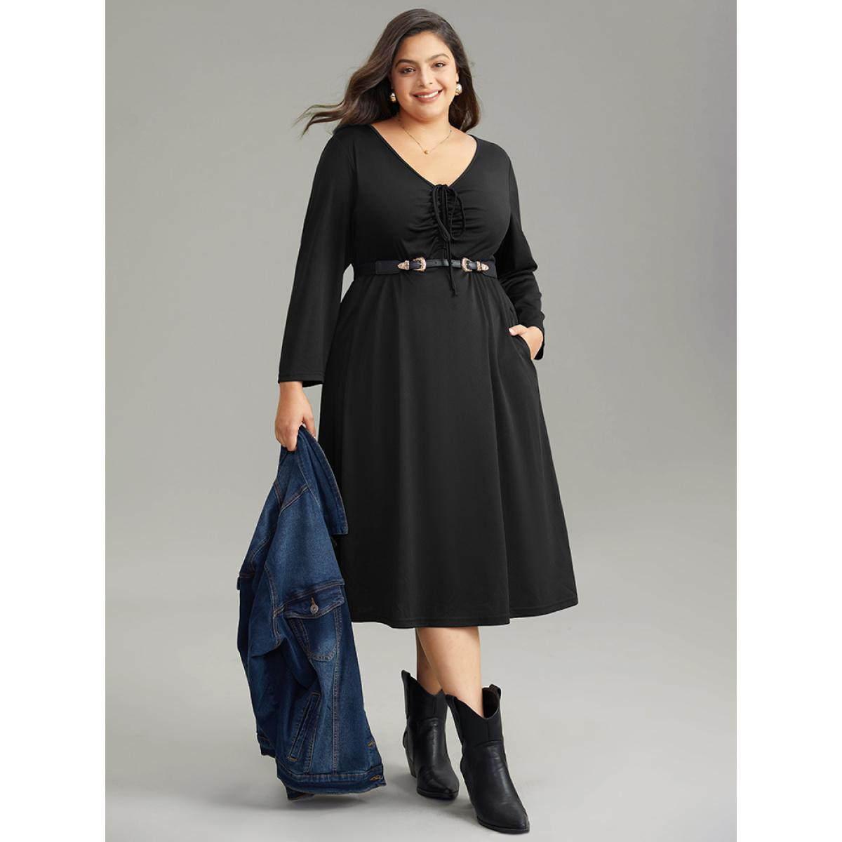 Plus Size Solid Ruched Pocket Elastic Waist Ties Dress Black Women Workwear Essentials Gathered Tie Neck Long Sleeve Curvy Midi Dress BloomChic 12/L Product Image