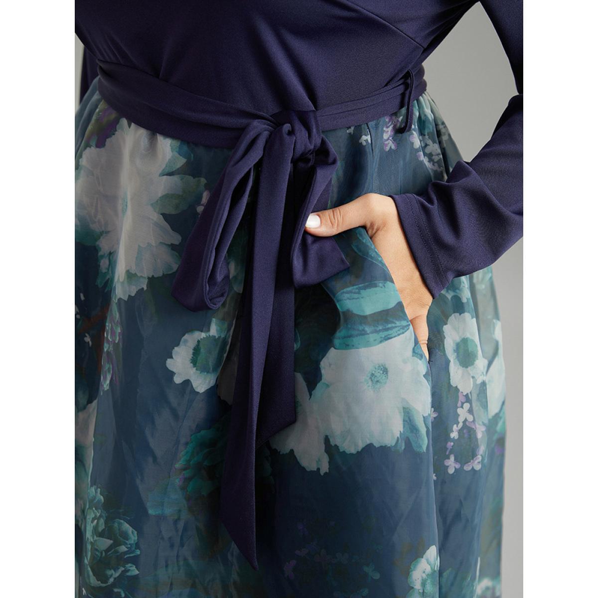 Plus Size Floral Print Belted Patchwork Mesh Dress DarkBlue Women Elegant Belted V-neck Long Sleeve Curvy Midi Dress BloomChic 12/L Product Image