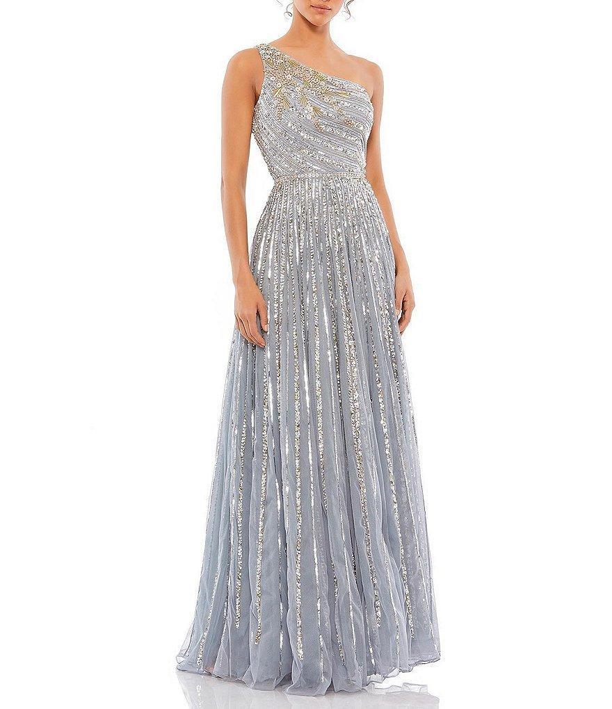 Mac Duggal Beaded One Shoulder Sleeveless Sequin A-Line Gown Product Image