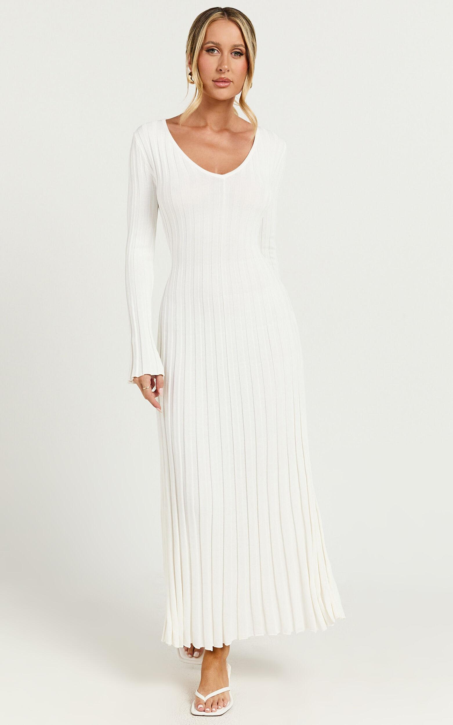 Astra Maxi Dress - V Neck Long Sleeve Knit Dress in White Product Image