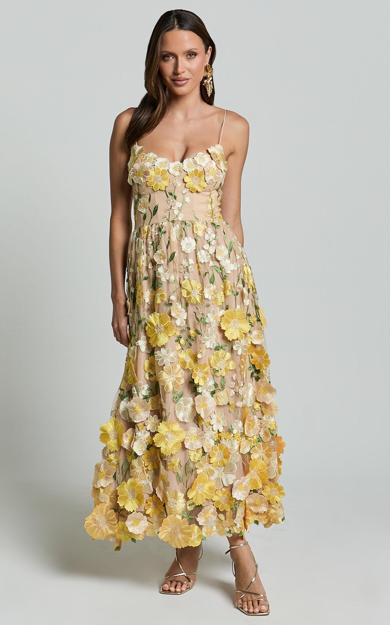 Amalie The Label - Mia Strappy Flower Detail Midi Dress in Yellow Product Image