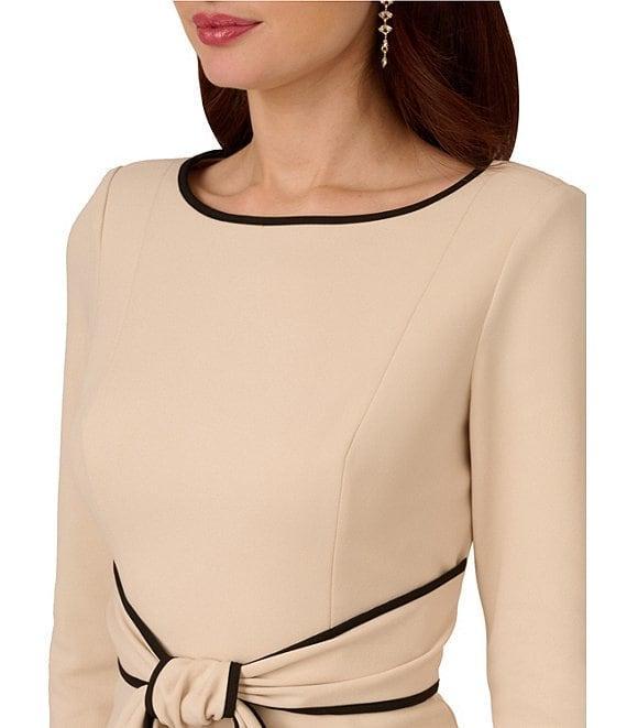 Adrianna Papell Contrasting Trim Boat Neck 3/4 Sleeve Tie Waist Crepe Sheath Dress Product Image