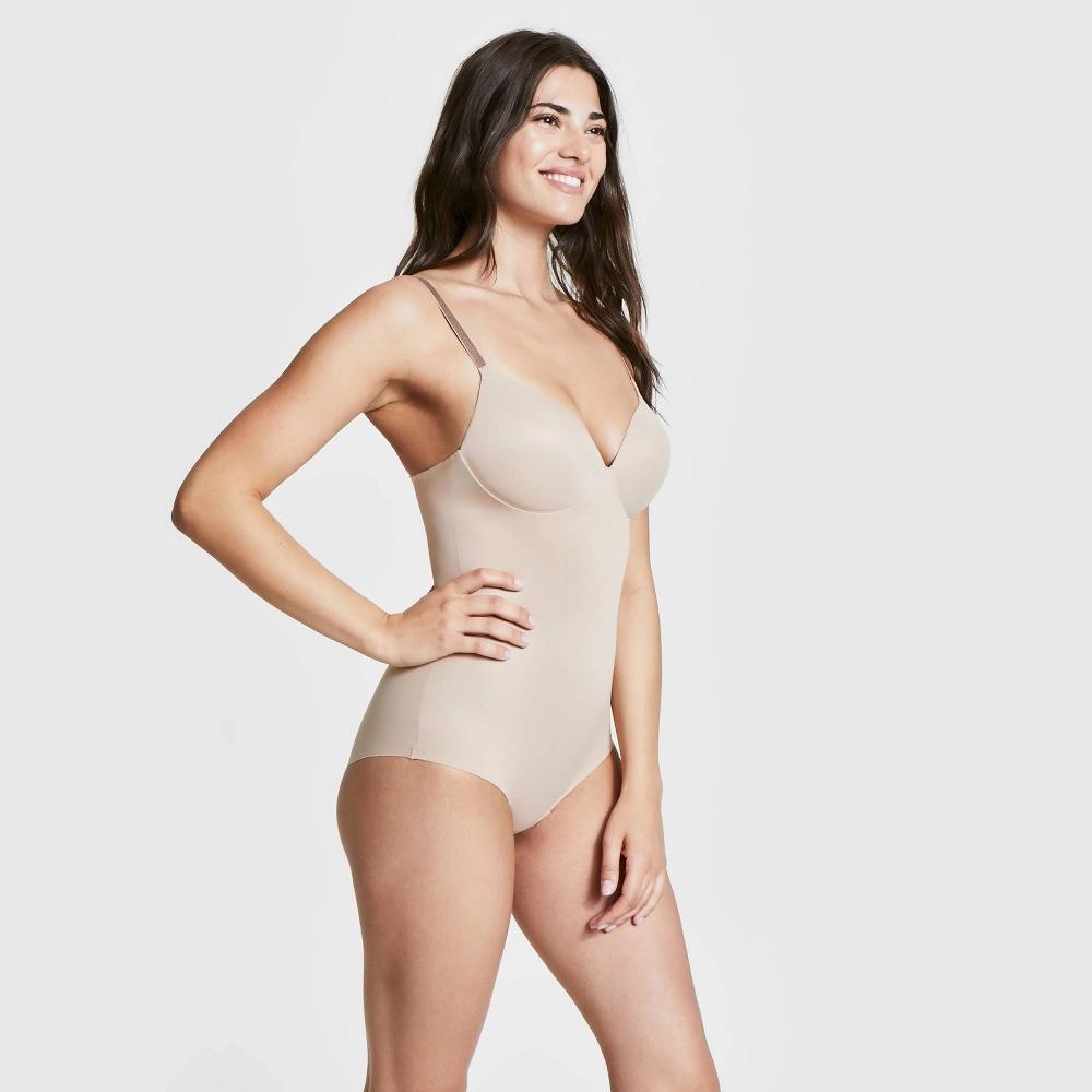 ASSETS by SPANX Womens Flawless Finish Shaping Micro Low Back Cupped Bodysuit Shapewear - Neutral XL: Medium Control, Nylon & Elastane Product Image