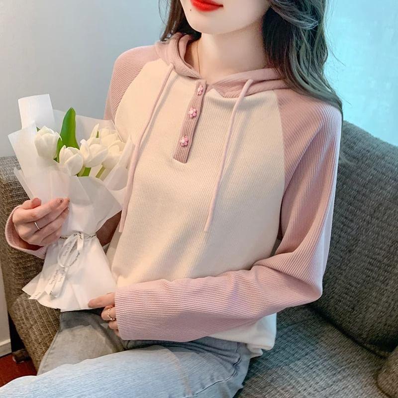 Raglan-Sleeve Henley Two Tone Drawstring Ribbed Hoodie Product Image