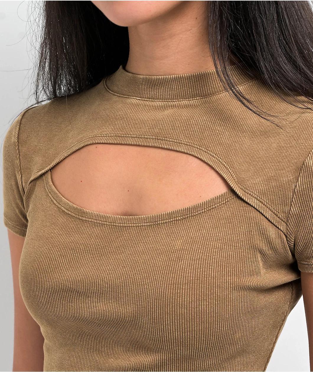 Ninth Hall Fundamentals Cuddie Brown Wash Cut Out Fitted Crop T-Shirt Product Image
