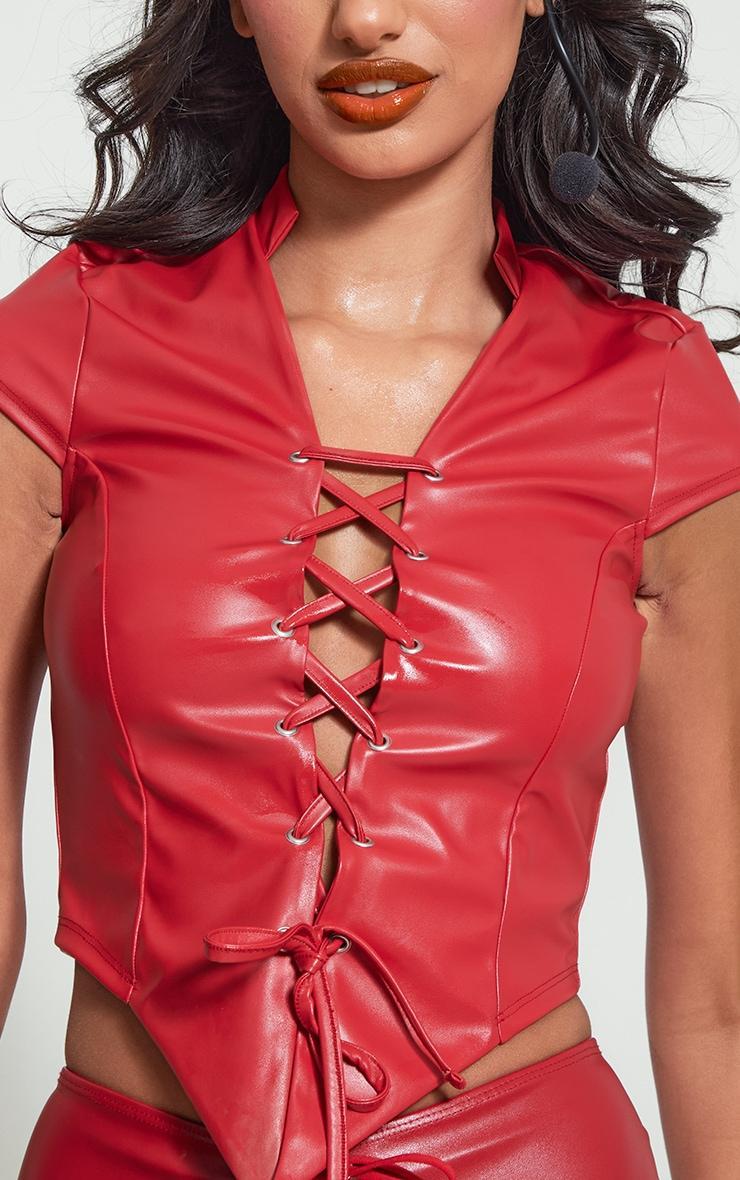Red PU Lace Up Front Collar Detail Pointed Hem Long Top Product Image