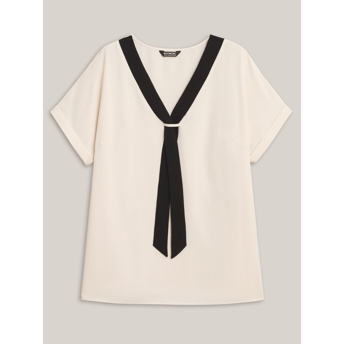 Plus Size Beige Collar Tie Color Contrast Blouse Women Short sleeve Ribbon-tied collar Work Blouses BloomChic 18-20/2X Product Image