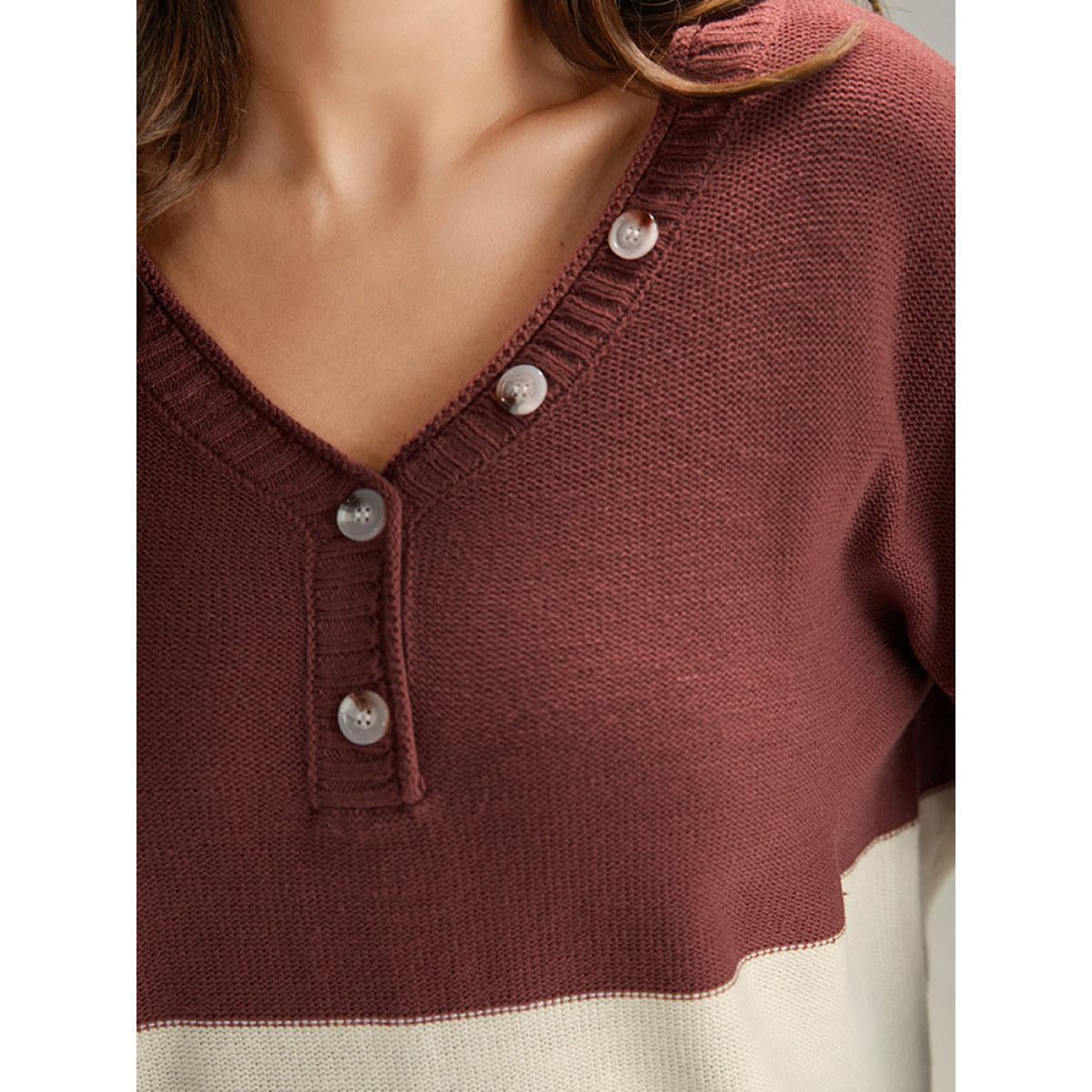 Plus Size Contrast Heather V Neck Button Detail Pullover Russet Women Casual Long Sleeve V-neck Dailywear Pullovers BloomChic 22-24/3X Product Image