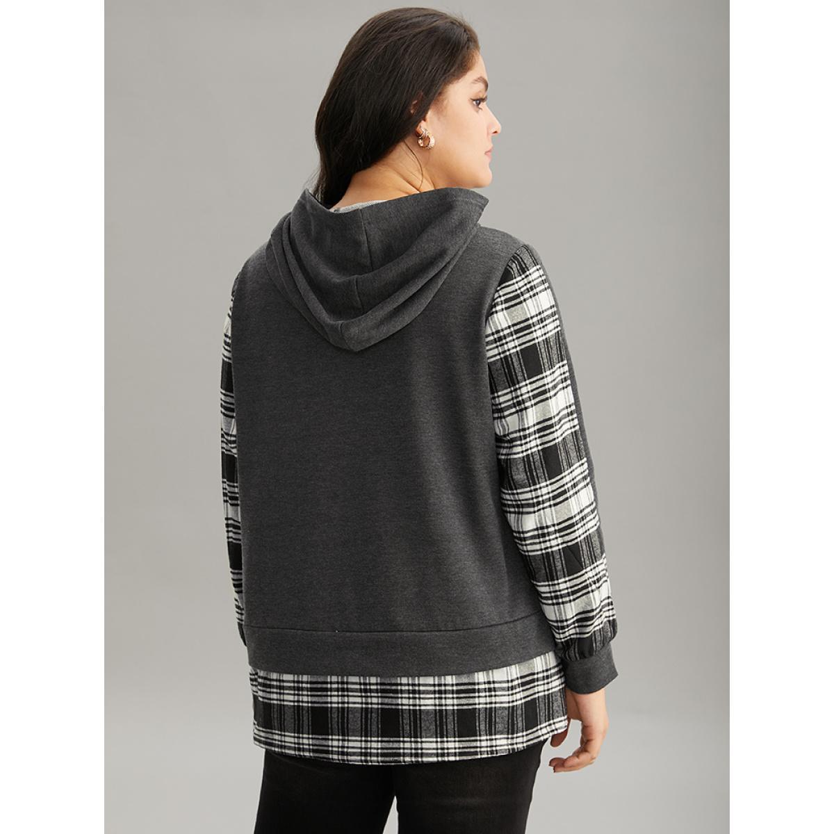 Plus Size Plaid Hem Patchwork Hooded Sweatshirt Women DimGray Casual Contrast Hooded Dailywear Sweatshirts BloomChic 30/6X Product Image
