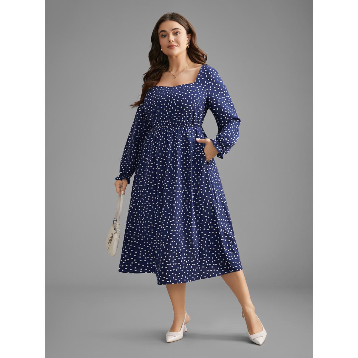 Plus Size Polka Dot Heart Neckline Midi Dress Indigo Women At the Office Ruffles Heart neckline Long Sleeve Curvy BloomChic 28/5X Product Image