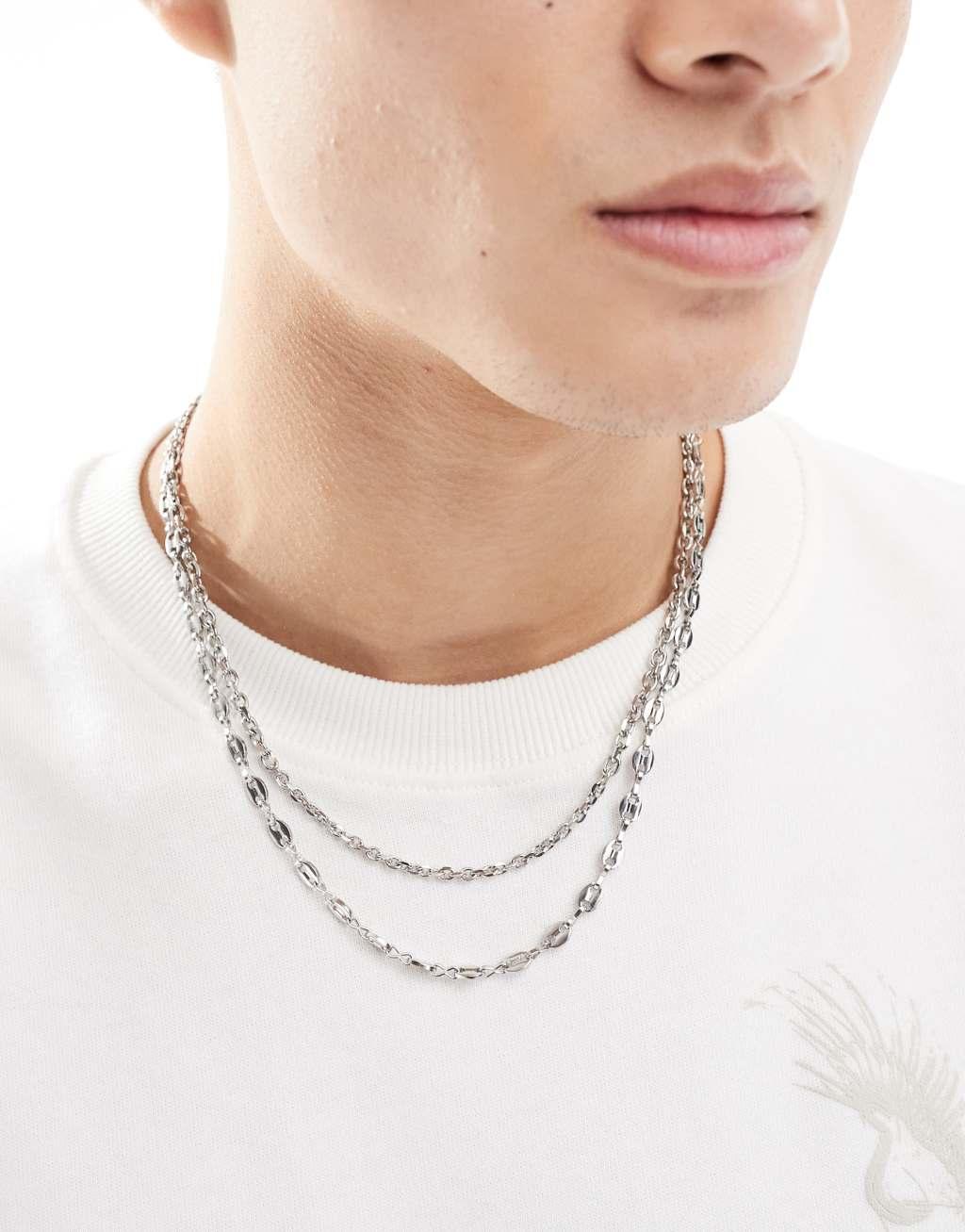 ASOS DESIGN 2 pack waterproof stainless steel mixed chain necklace set in silver tone  Product Image