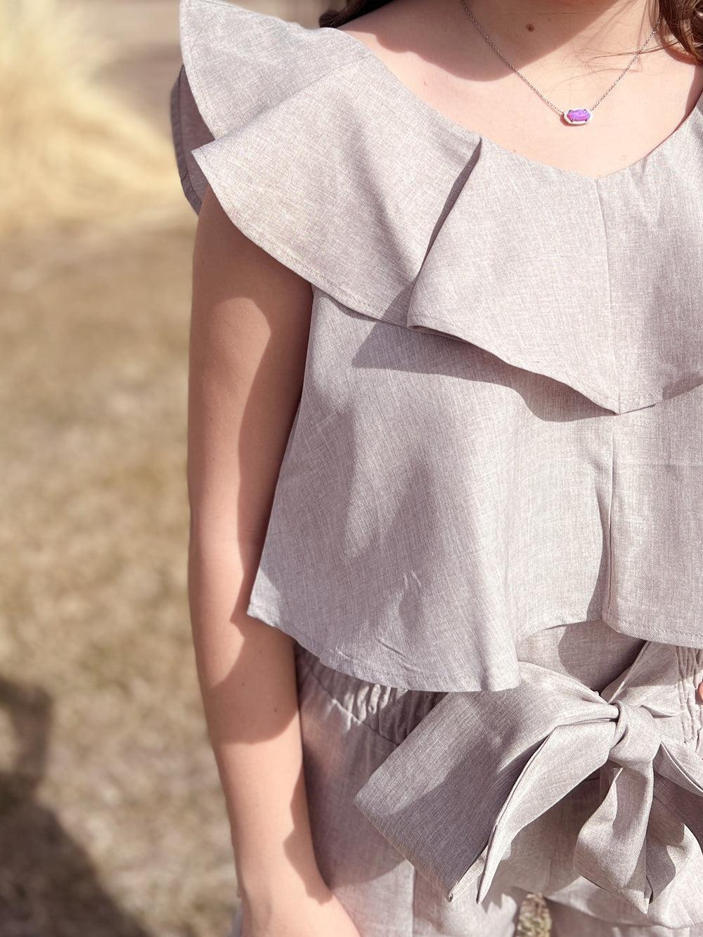 Oatmeal Smocking Waist Tier Wide Leg Pants Product Image