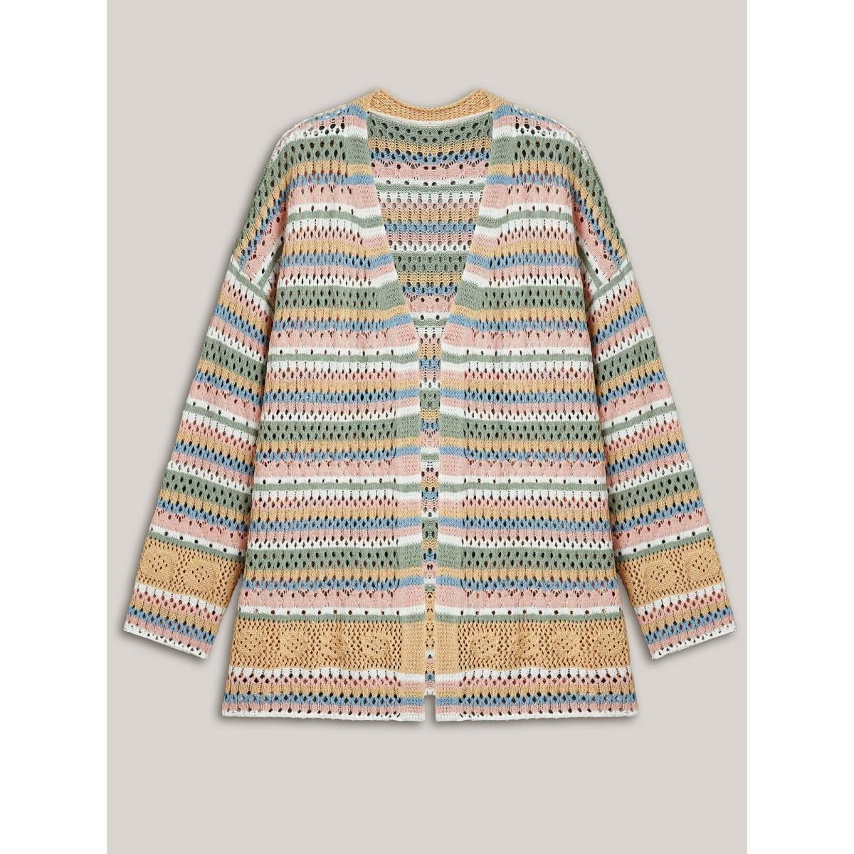 Plus Size Striped Color Contrast Cut-Out Cardigan Multicolor Women Casual Loose Long Sleeve Everyday Cardigans BloomChic 26/4X Product Image