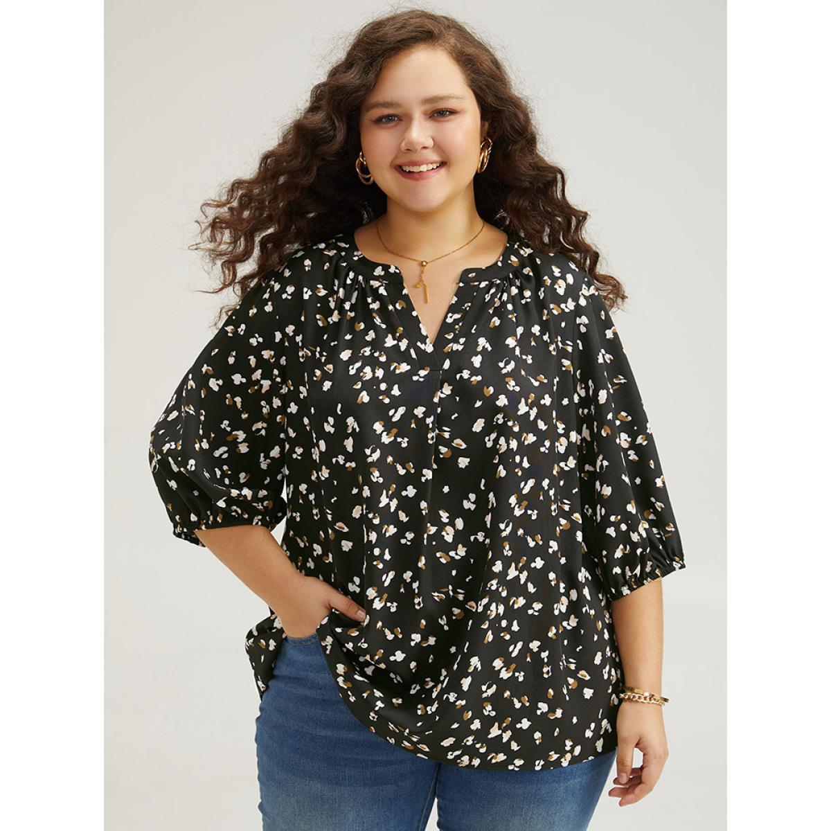 Plus Size Black Allover Print Notched Lantern Sleeve Blouse Women Elegant Half Sleeve V-neck Dailywear Blouses BloomChic 14-16/1X Product Image