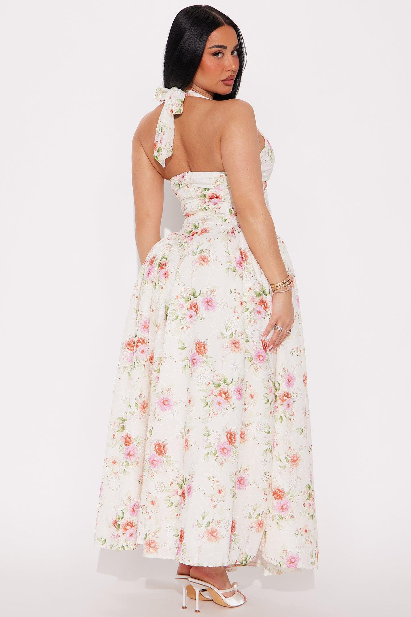 Eliza Floral Eyelet Maxi Dress - White/Pink Product Image