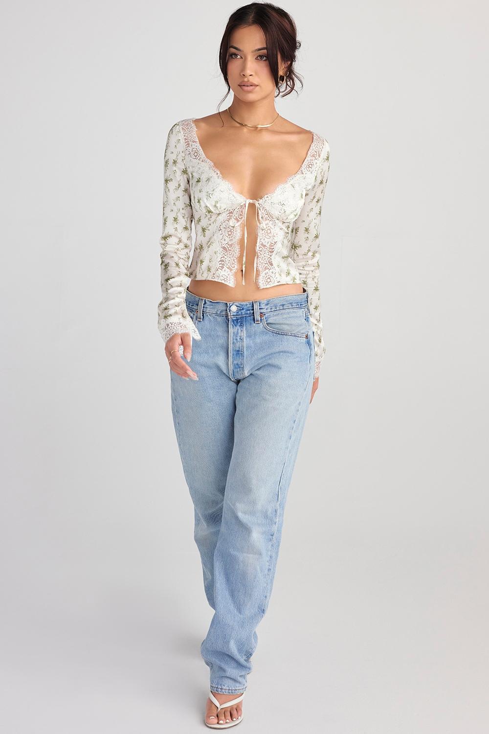 Clarissa  garden print lace trim top Product Image