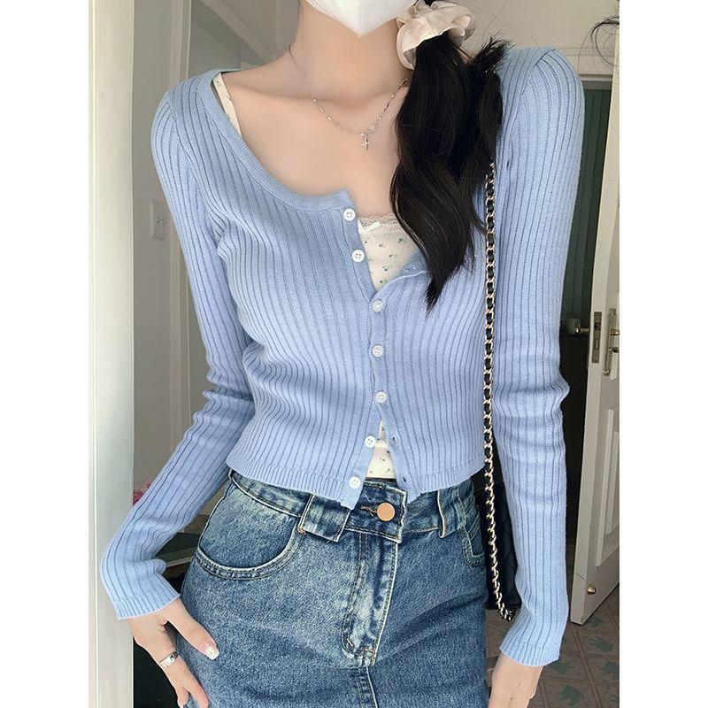 Long-Sleeve Scoop Neck Plain Ribbed Button Knit Top Product Image
