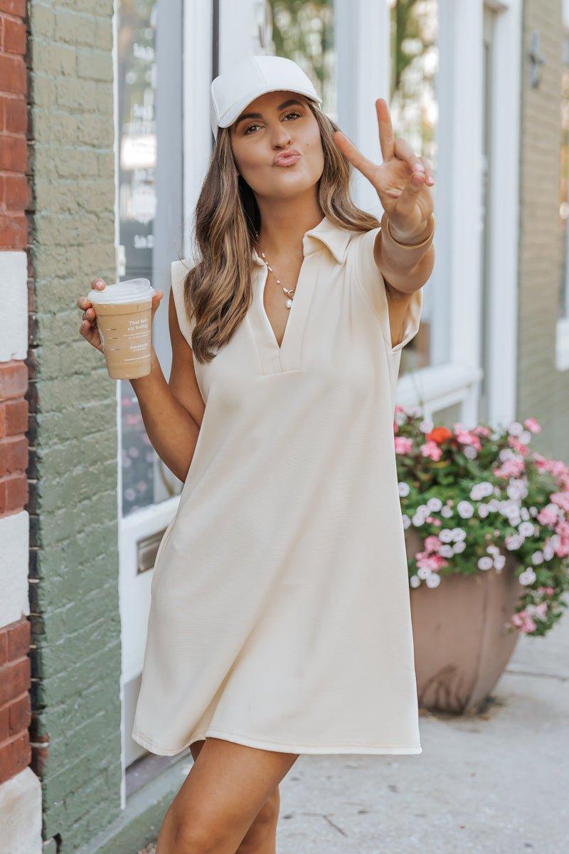 Sleeveless Cream Textured Mini Dress Product Image