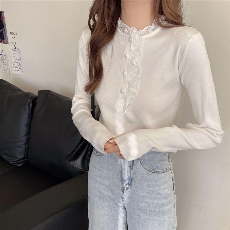 Long-Sleeve Frill Trim Half Buttoned Plain Top Product Image