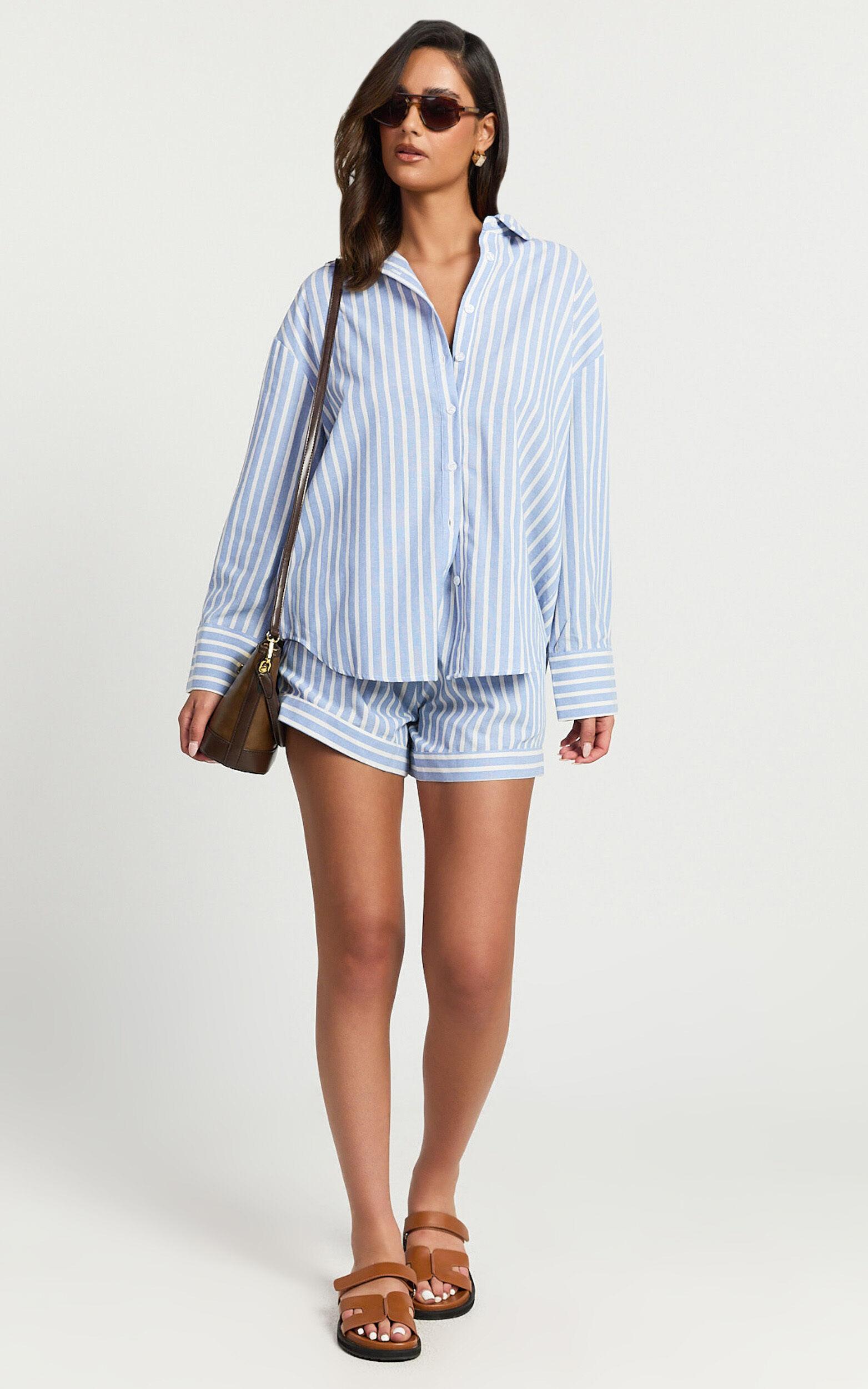 Tori Top - Oversized Button Down Stripe Shirt in Light Blue Stripe Product Image