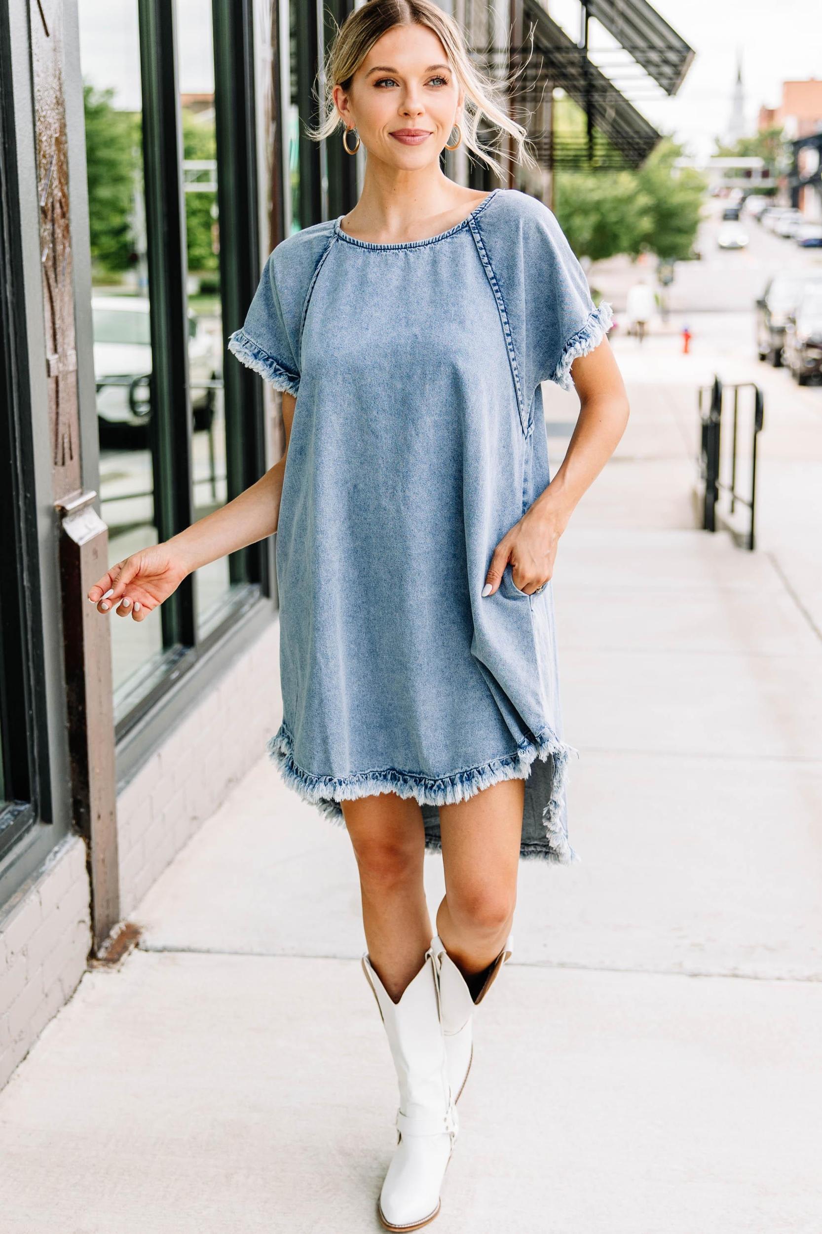 Make The Call Light Denim Shift Dress Female Product Image
