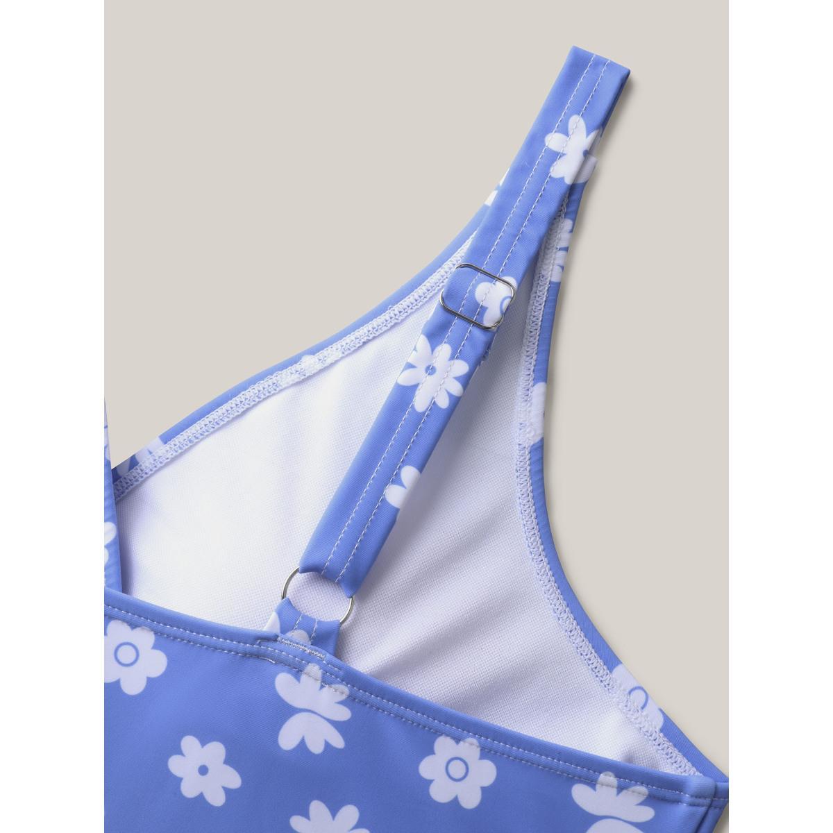 Plus Size Sweet Floral Print Pendulum Hem Swim Dress Women's Swimwear LightBlue Beach Bodycon Overlap Collar High stretch Curve Swim Dresses BloomChic 28/5X Product Image