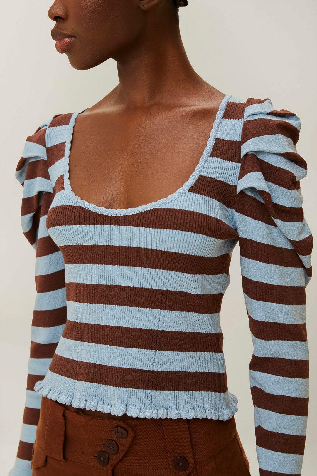 Striped Knit Blouse, BLUE + BROWN / XXS Product Image