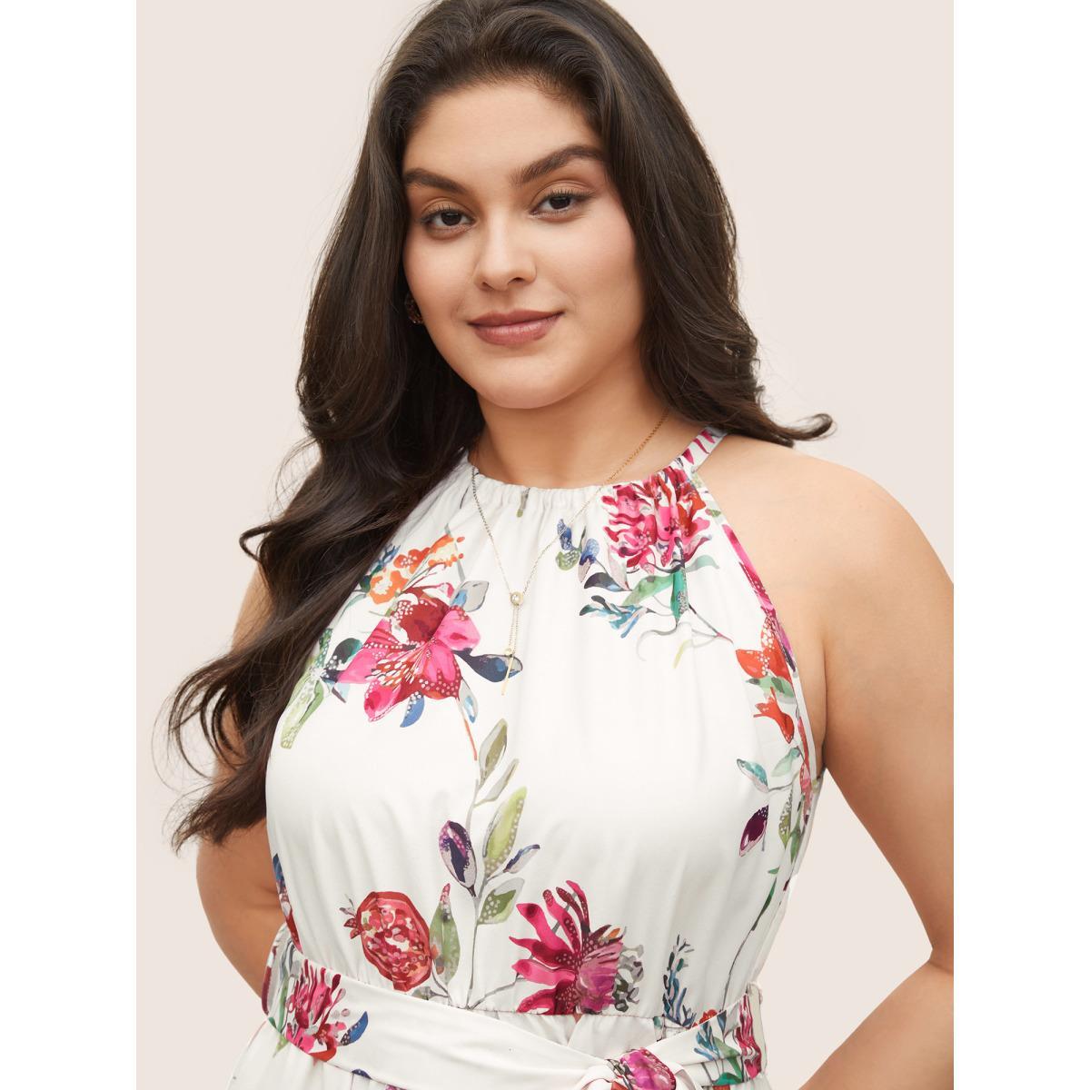 Plus Size Citrus Fruit Print Halter Belted Gathered Dress Originalwhite Women Elegant Non Halter neck Sleeveless Curvy Midi Dress BloomChic 28/5X Product Image