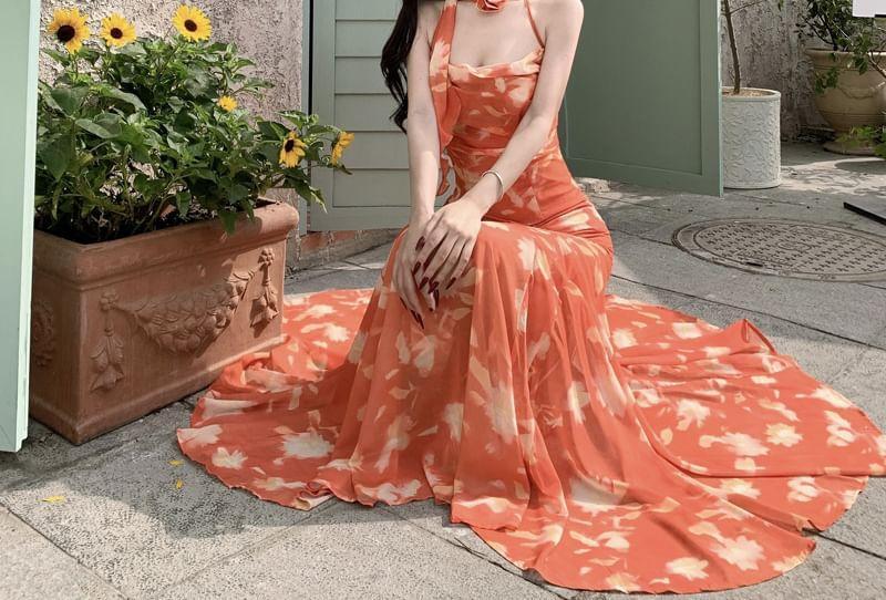 Halter Floral Open Back Maxi A-Line Sundress Product Image