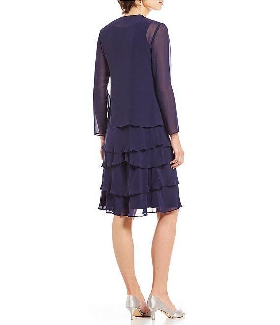 Ignite Evenings Sequin Detail Scoop Neck Long Sleeve Chiffon Tiered 2-Piece Jacket Dress Product Image