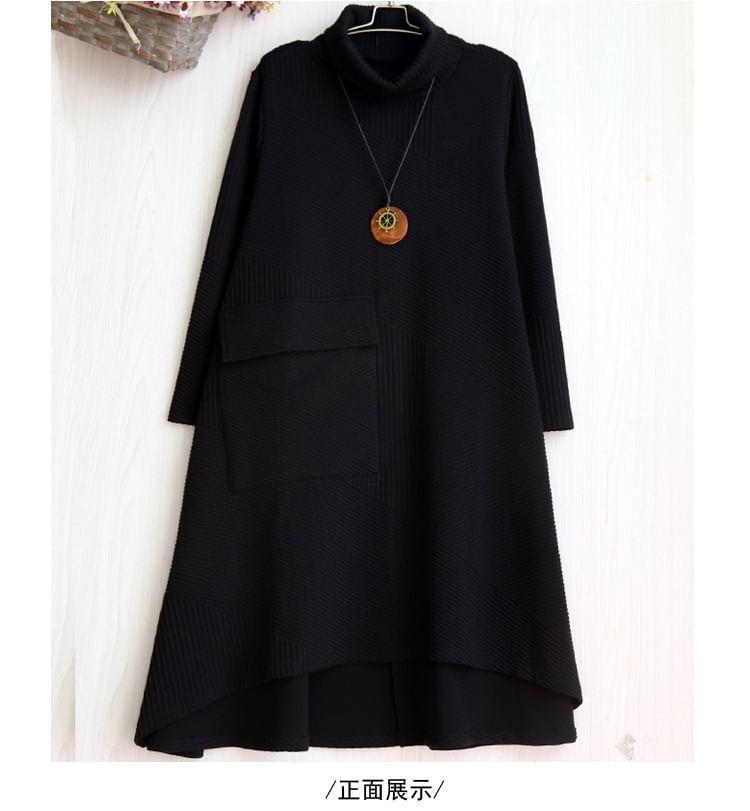 Long-Sleeve Turtleneck Plain Asymmetrical Midi Tunic Dress Product Image