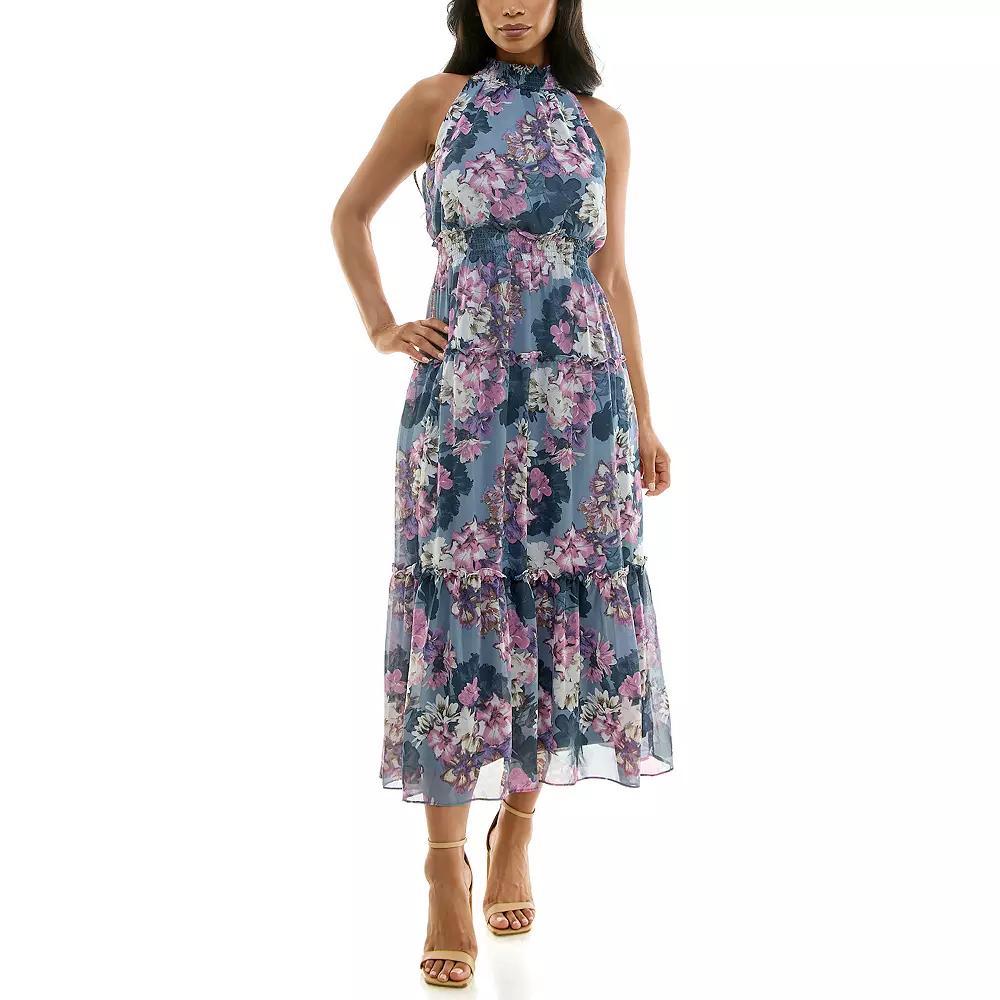 Women's Nina Leonard Maxi Tiered Dress, Size: Medium, Pacific Navy Ivory Product Image