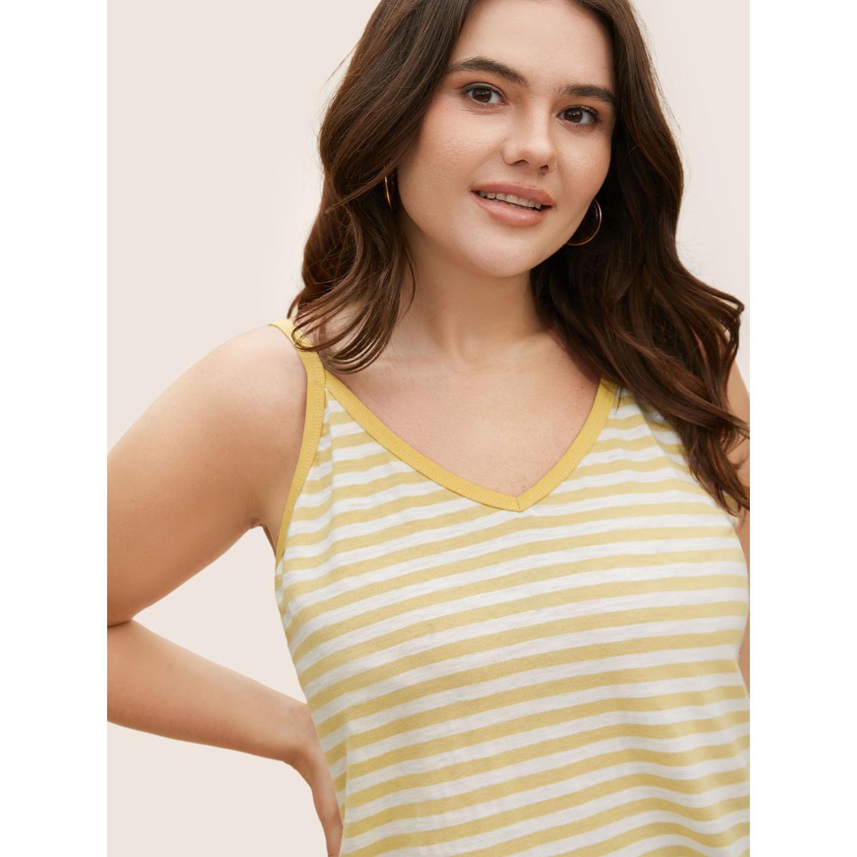 Plus Size Cotton Contrast Striped Adjustable Straps Cami Top Women Lightyellow Casual Contrast V-neck Everyday Tank Tops Camis BloomChic 30/6X Product Image
