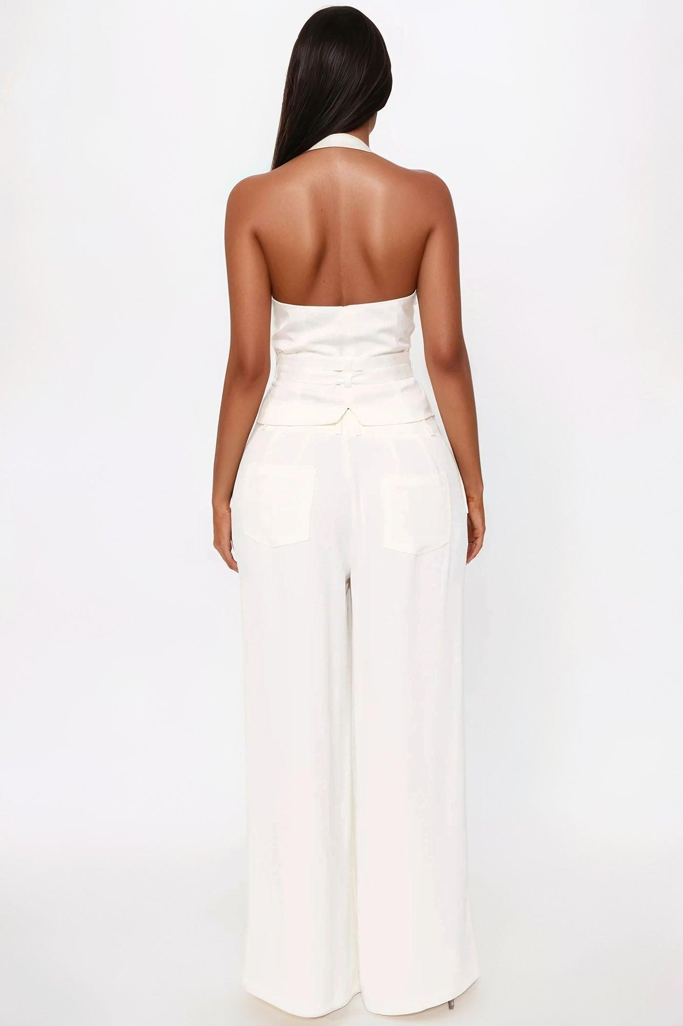 Nikki Satin Belted Halter Vest Top - Ivory Product Image