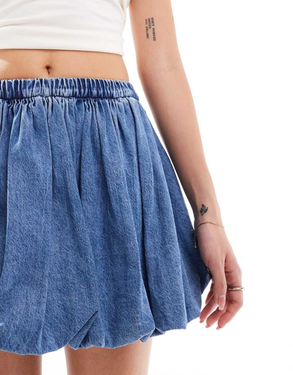 Stradivarius denim bubble hem mini skirt in mid blue  Product Image