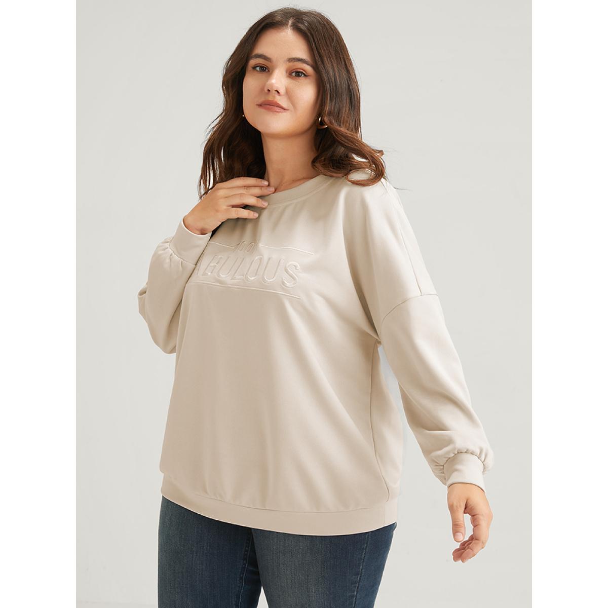 Plus Size Solid Letter Embroidered Drop Shoulder Sweatshirt Women Beige Casual Embroidered Loose Round Neck Dailywear Sweatshirts BloomChic 26/4X Product Image