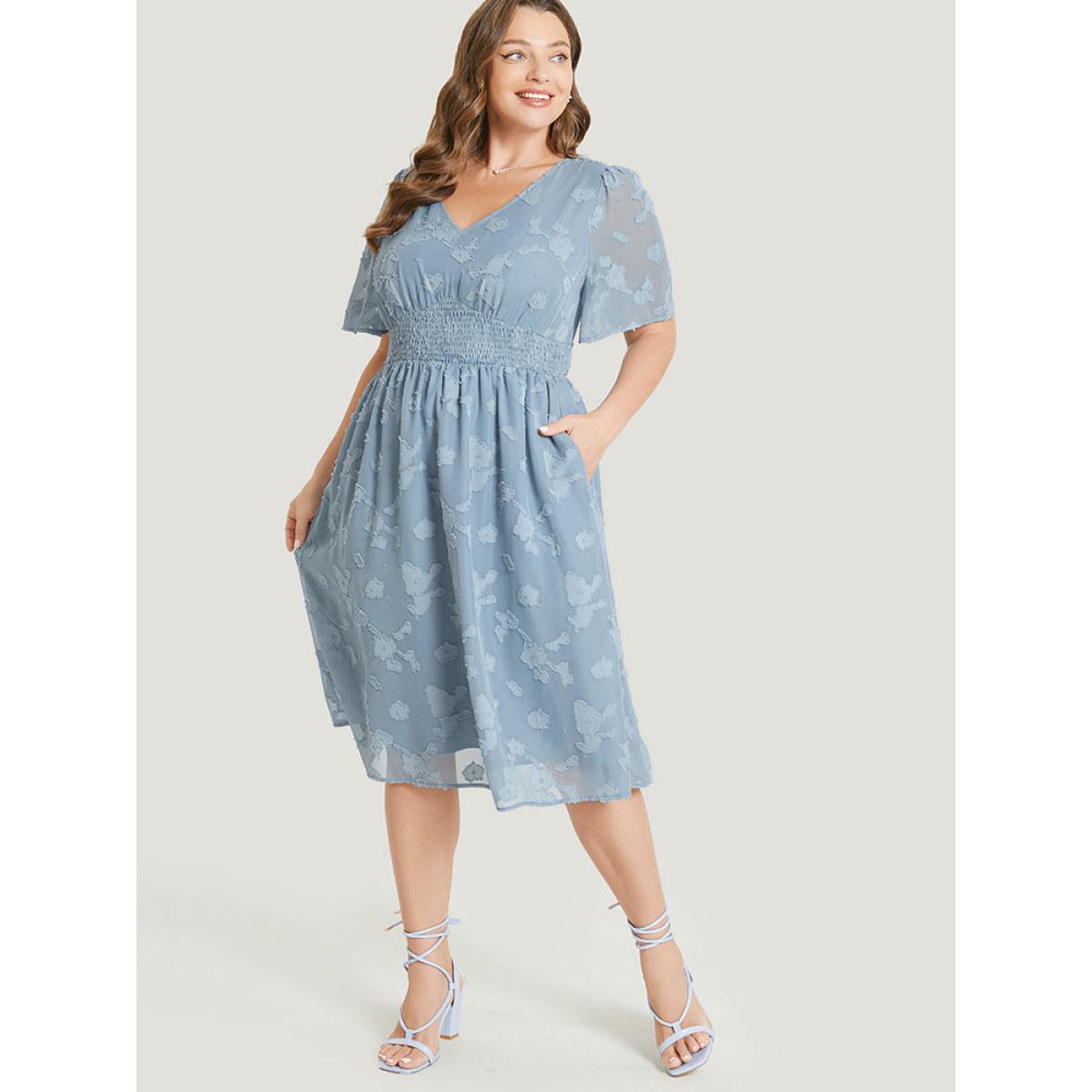 Plus Size Solid Textured Ruffle Pocket Shirred Waist Dress Stone Women Elegant Lined V-neck Short sleeve Curvy Midi Dress BloomChic 10/M Product Image