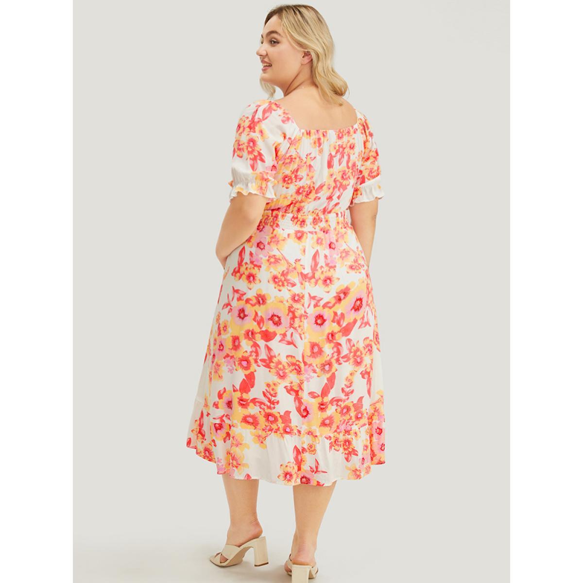 Plus Size Floral Puff Sleeve Pocket Square Neck Shirred Dress Pink Women Elegant Pocket Square Neck Short sleeve Curvy Midi Dress BloomChic 10/M Product Image