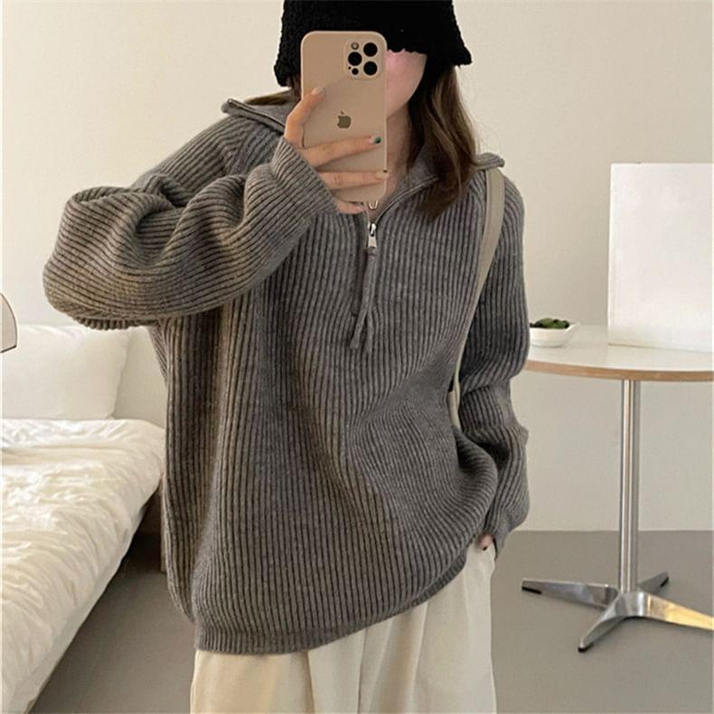 Half-Zip Plain Ribbed Sweater Product Image