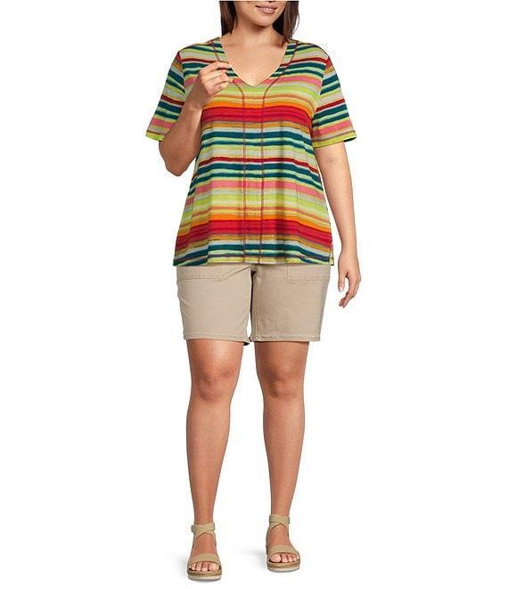 Westbound Plus Size Shimmering Stripe Short Short V-Neck Top Product Image