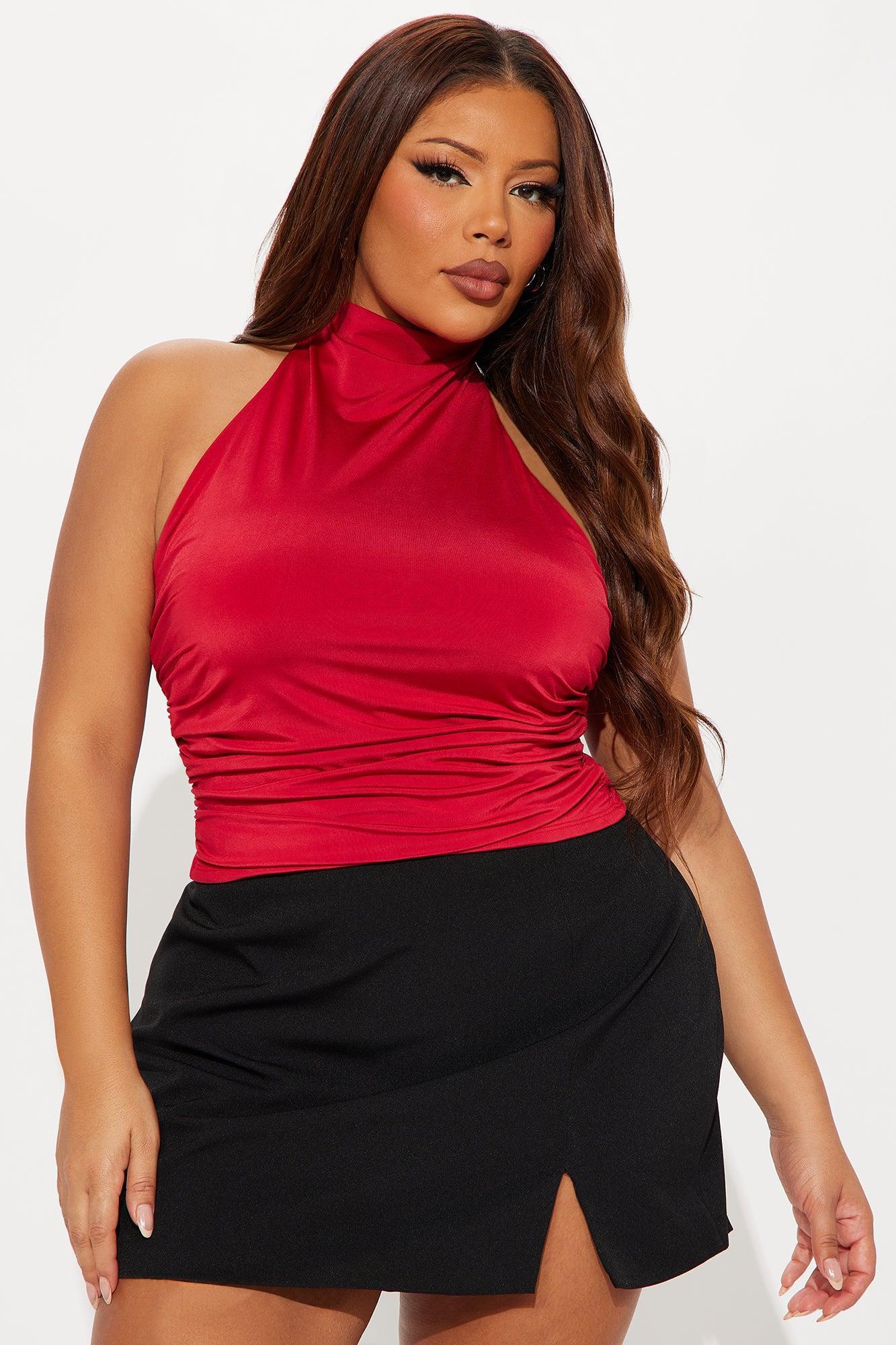 Rhoda Ruched High Neck Halter Top - Red Product Image