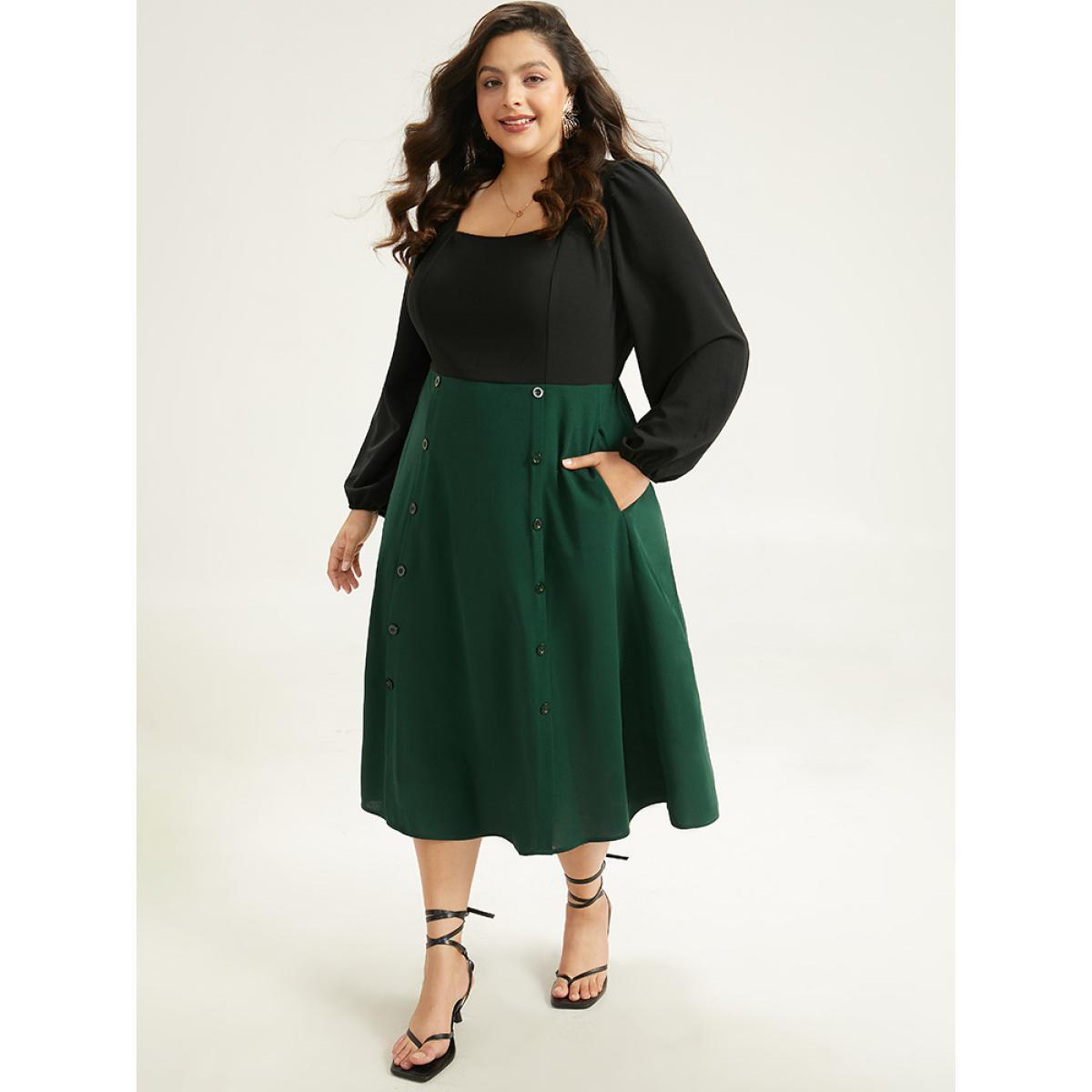 Plus Size Colorblock Patchwork Button Detail Dress DarkGreen Women Elegant Elastic cuffs Square Neck Long Sleeve Curvy Midi Dress BloomChic 18-20/2X Product Image