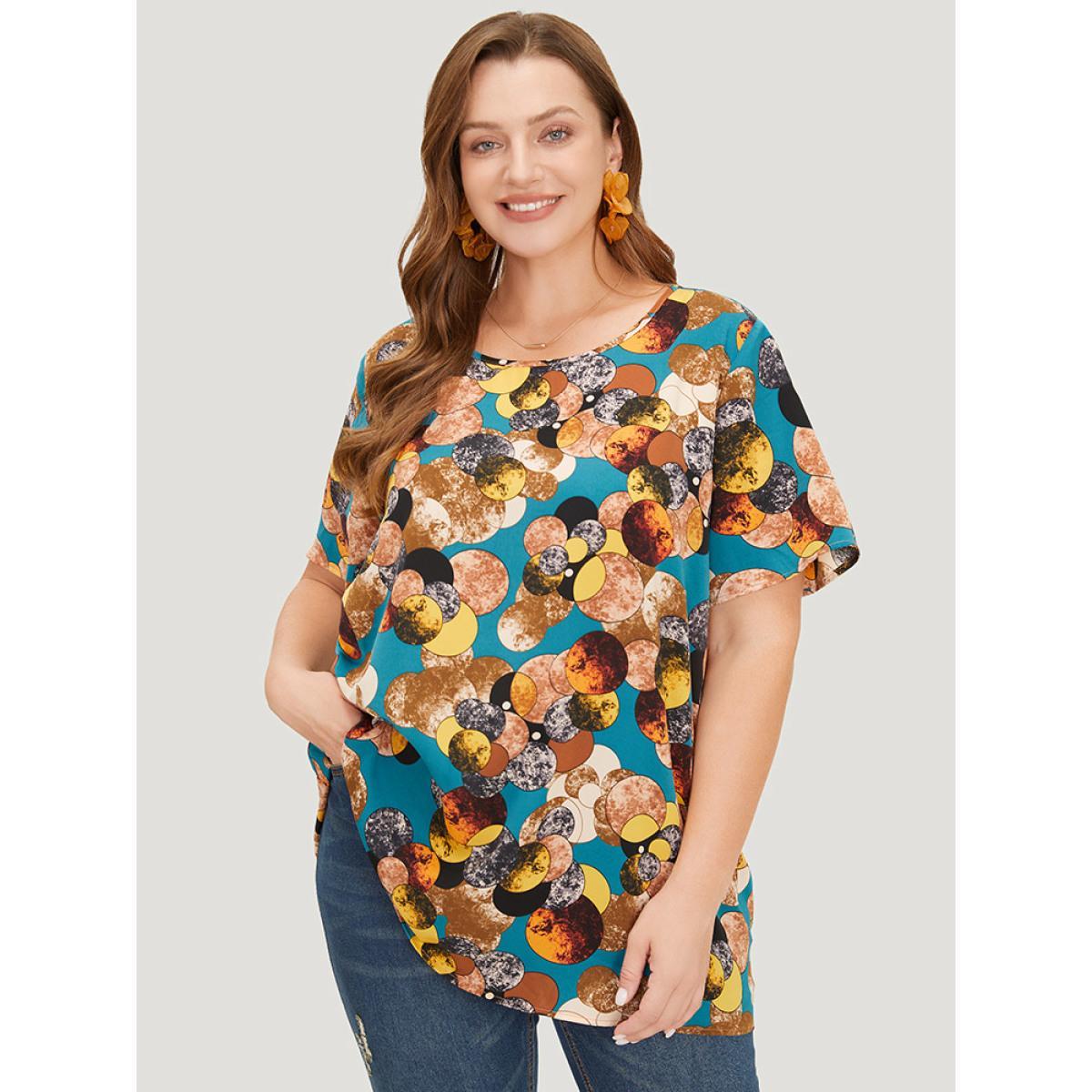 Plus Size Cyan Allover Print Round Neck Contrast Blouse Women Elegant Short sleeve Round Neck Dailywear Blouses BloomChic 12/L Product Image