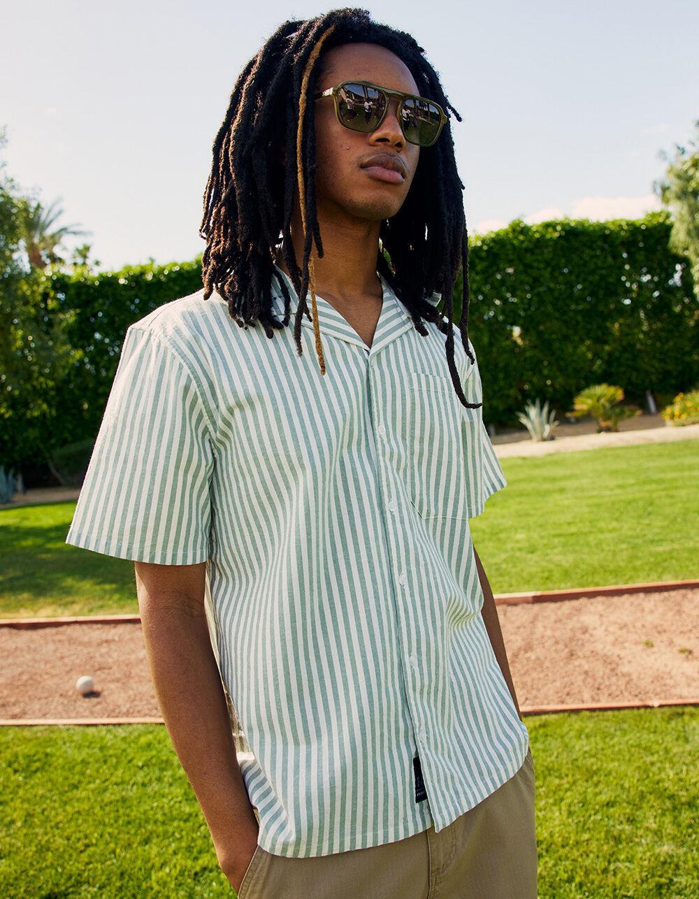 RSQ Mens Stripe Oxford Camp Shirt  - SAGE Product Image