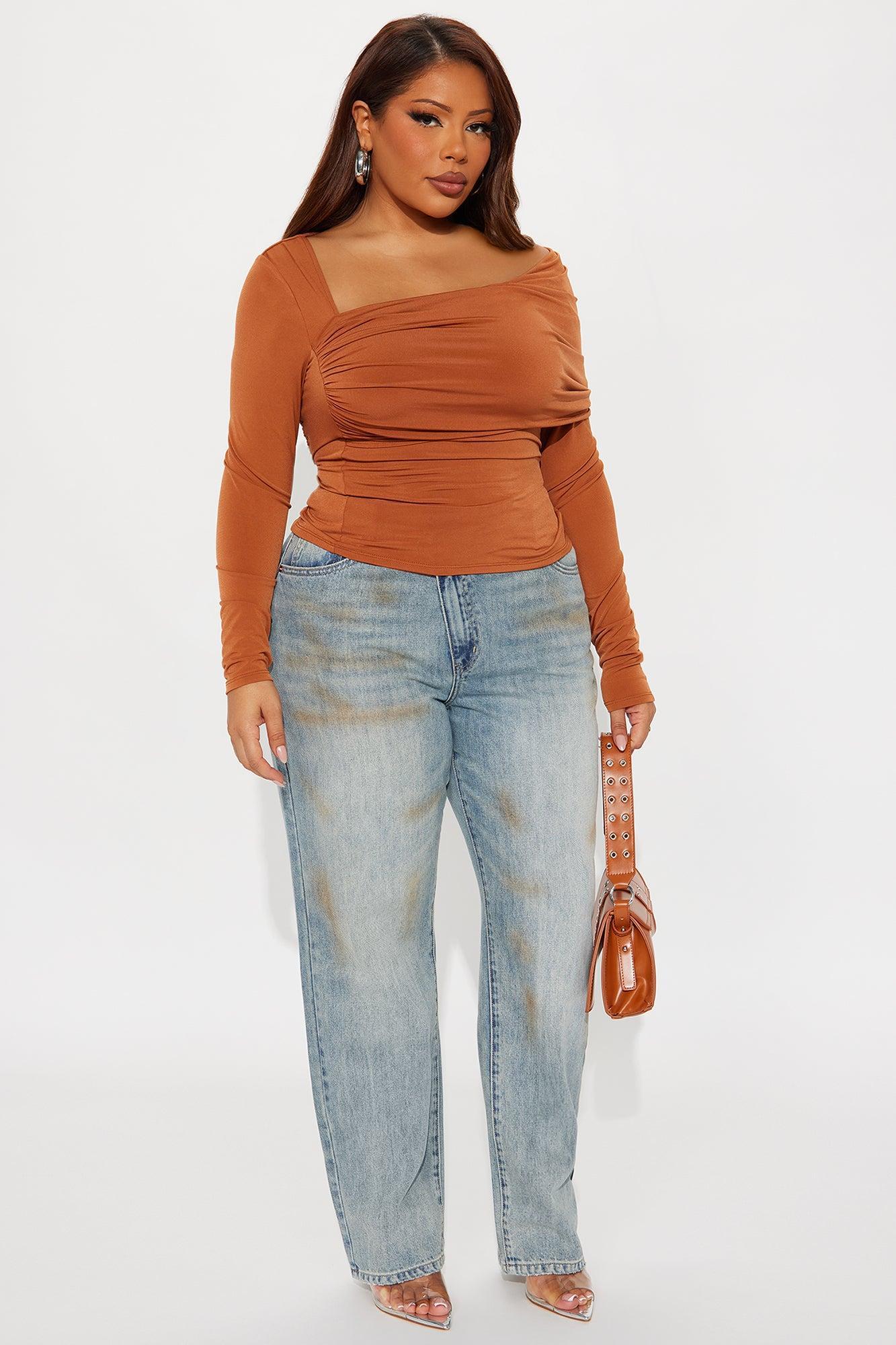 Modern Art Long Sleeve Ruched Top - Camel Product Image