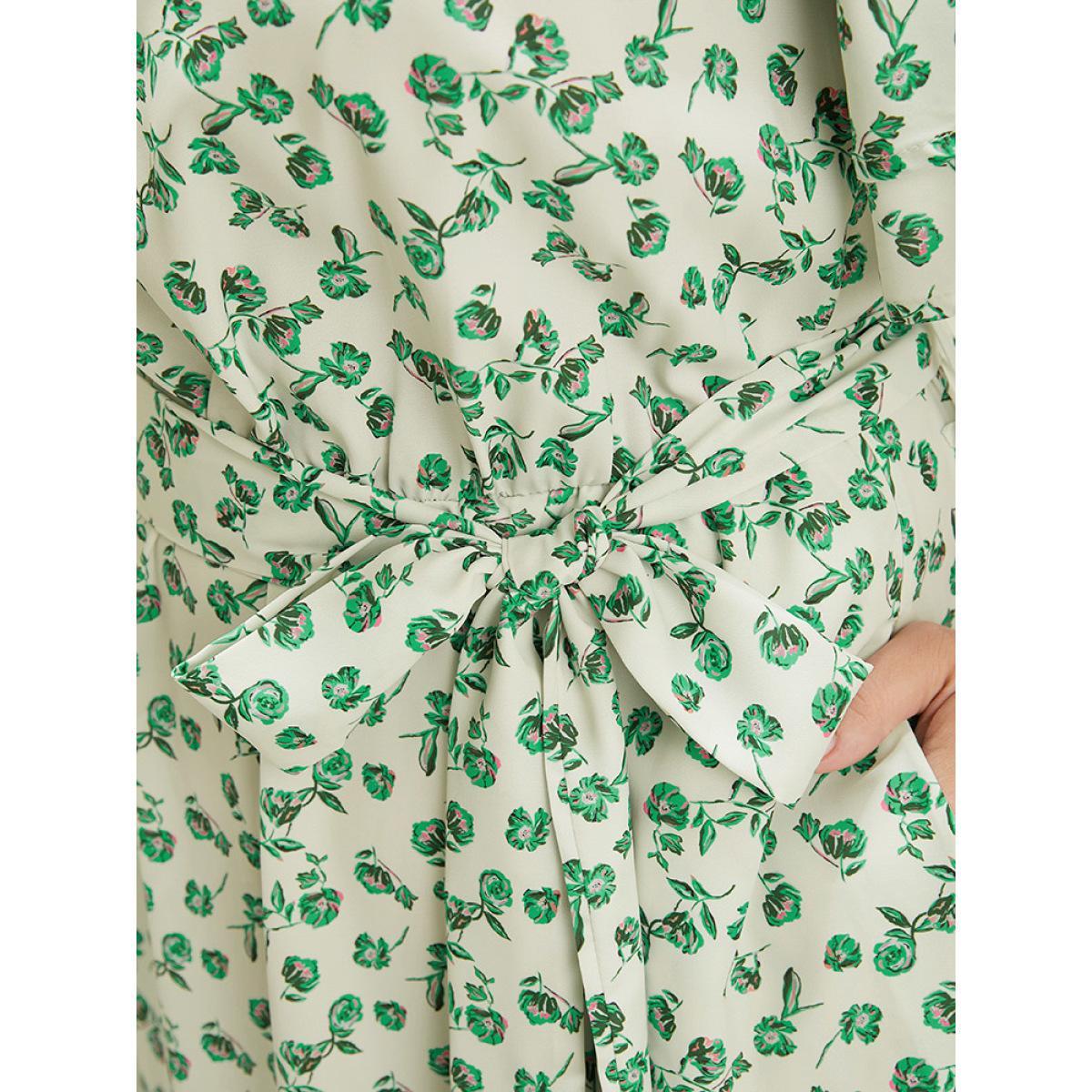 Plus Size Ditsy Floral Flutter Sleeve Pocket Split Hem Belt Dress YellowGreen Women Elegant Pocket V-neck Short sleeve Curvy Midi Dress BloomChic 30/6X Product Image