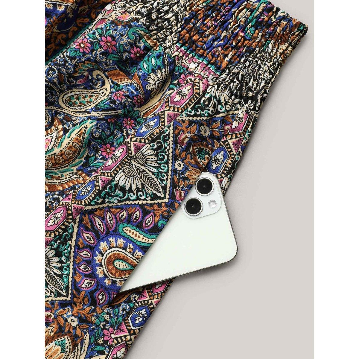 Plus Size Boho Print Shirred Waist Midi Skirt Women Multicolor Elegant Tie knot Loose No stretch Side seam pocket Everyday Skirts BloomChic 22-24/3X Product Image