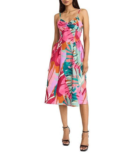 Donna Morgan Sweetheart Twist Front Sleeveless Tropical Printed Cotton Poplin Fit & Flare Midi Dress Product Image
