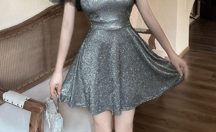 Short-Sleeve V-Neck Plain Mini A-Line Dress Product Image